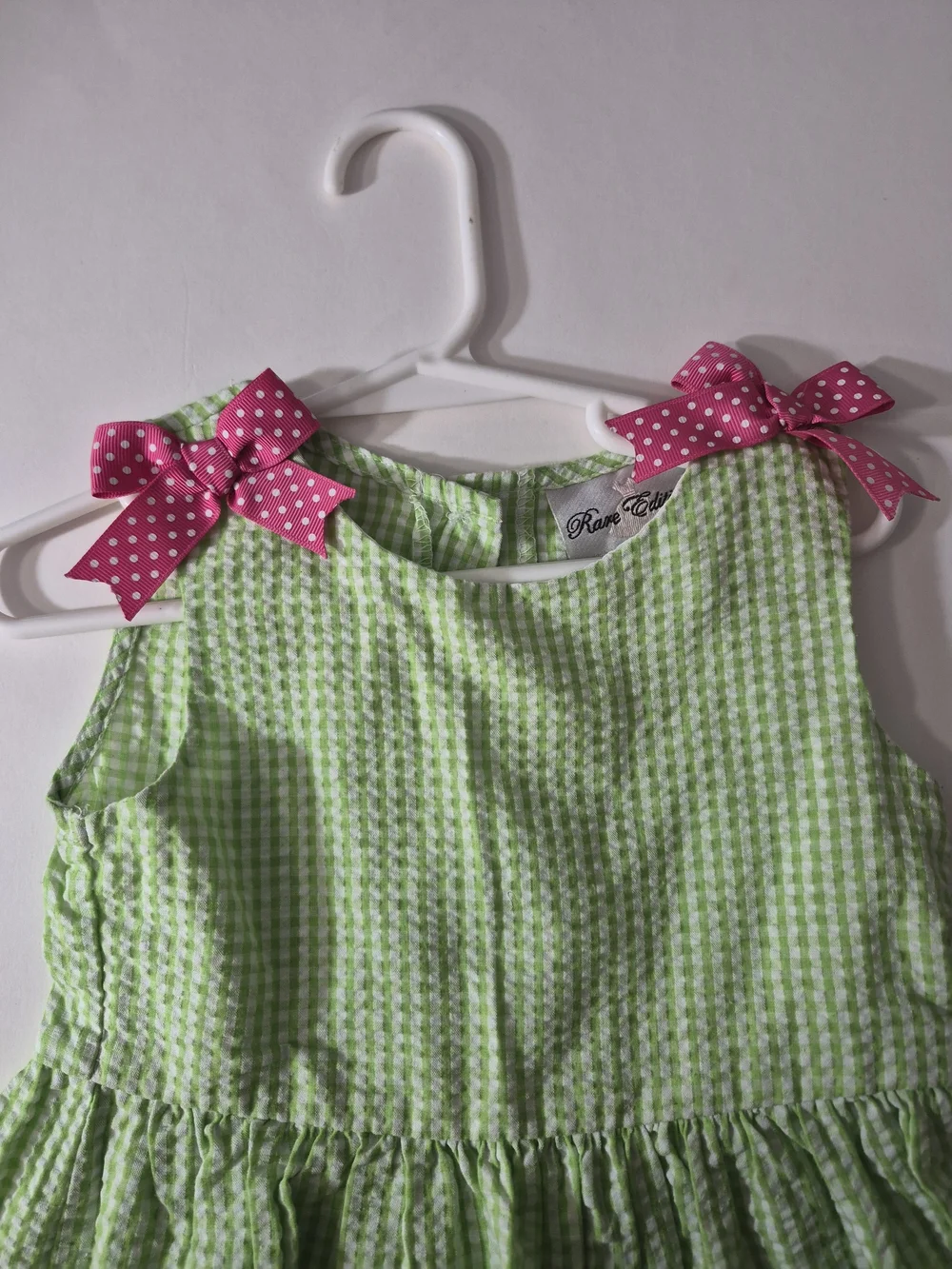 Rare Editions Light Green Seersucker Dress with Pink Bow & Watermelon Pockets